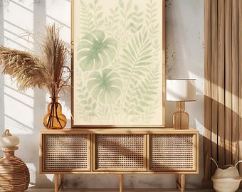 Abundant Sage Green Botanical Wall Decor | Watercolor Tropical Leaf Minimalist Poster | Neutral Home Digital Download