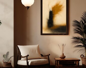 Abstract Expressionist Wall Decor | Modern Digital Mustard Black Painting | Explosive Stroke Minimalist Home Download