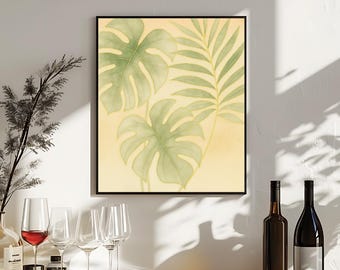 Gold Line Tropical Wall Decor | Watercolor Monstera Leaf | Peach Gradient Bohemian Minimalist Home Digital Download