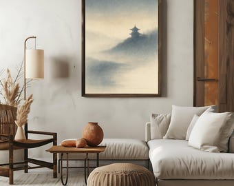 Japandi Pagoda Print: Minimalist Japanese Landscape AI Art (Digital Download)