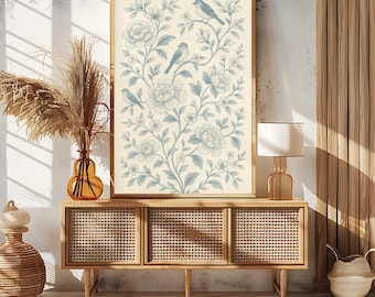 Vintage Bird Botanical Wall Decor | Delicate Flower Vine Illustration | Light Blue Sage Green Digital Download