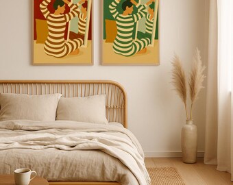 Minimalist Woman Mirror Wall Decor | Hygge Cozy Green Striped Pajama Illustration | Relaxing Home Digital Download