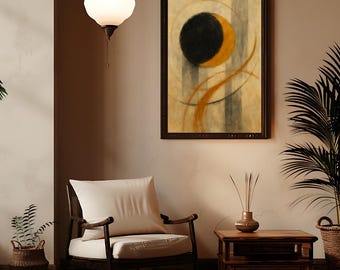 Abstract Black Eclipse Wall Decor | Expressive Mid-Century Modern Minimalist | Orange Crescent Digital Download