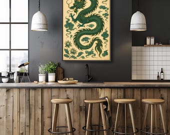 Intricate Chinese Dragon Wall Decor | Teal Gold Mythological Creature | Vintage Asian Digital Download