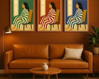 Figure by Window Wall Decor | Minimalist Illustration | Green Striped Robe Cozy Digital Download