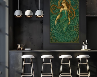 Minimalist Woman Reading Wall Decor | Hygge Cozy Living Room Illustration | Green Striped Robe Digital Download