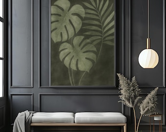 Dark Botanical Wall Decor | Moody Green Monstera Leaf | Tropical Foliage Digital Download