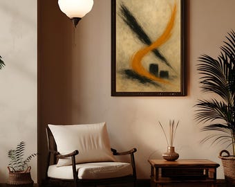 Abstract Black Orange Stroke Wall Decor | Expressive Minimalist Painting | Burnt Umber Brushstroke Digital Download