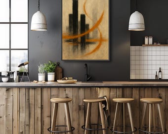 Abstract Black Skyline Wall Decor | Expressive Orange Stroke Minimalist Painting | Moody Cityscape Digital Download