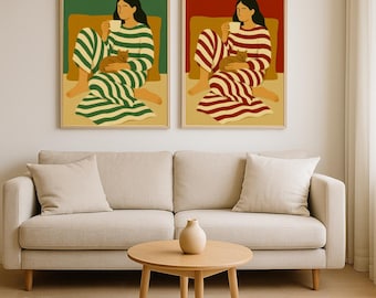 Minimalist Cozy Woman and Cat Wall Decor | Hygge Striped Pajama Illustration | Green Neutral Digital Download