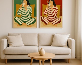 Minimalist Cozy Woman Coffee Wall Decor | Hygge Green Striped Pajama Illustration | Relaxing Home Digital Download
