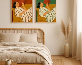 Minimalist Woman Reading Wall Decor | Hygge Cozy Living Room Illustration | Mustard Yellow Green Striped Digital Download
