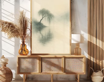 Misty Weeping Willow Tree Wall Decor | Zen Watercolor Reflection | Minimalist Neutral Digital Download