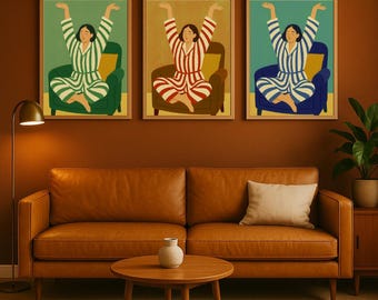 Minimalist Woman Stretching Wall Decor | Hygge Cozy Green Striped Pajama Illustration | Digital Download