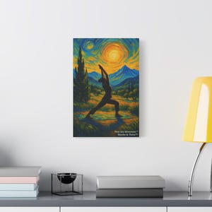 May include: Canvas art print depicting a yoga pose against a vibrant, swirling night sky with a bright sun. The artwork features a silhouetted figure in a warrior pose, with the text "Flow into Movement Wander & Thrive" at the bottom.