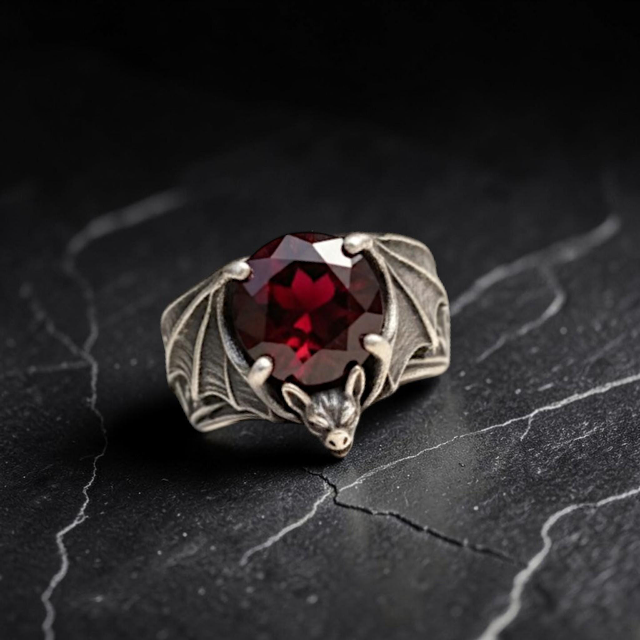 Goth Rings Gothic Bat Ring Sterling Silver Red Crystal Vampire Ring Dark Fantasy ...