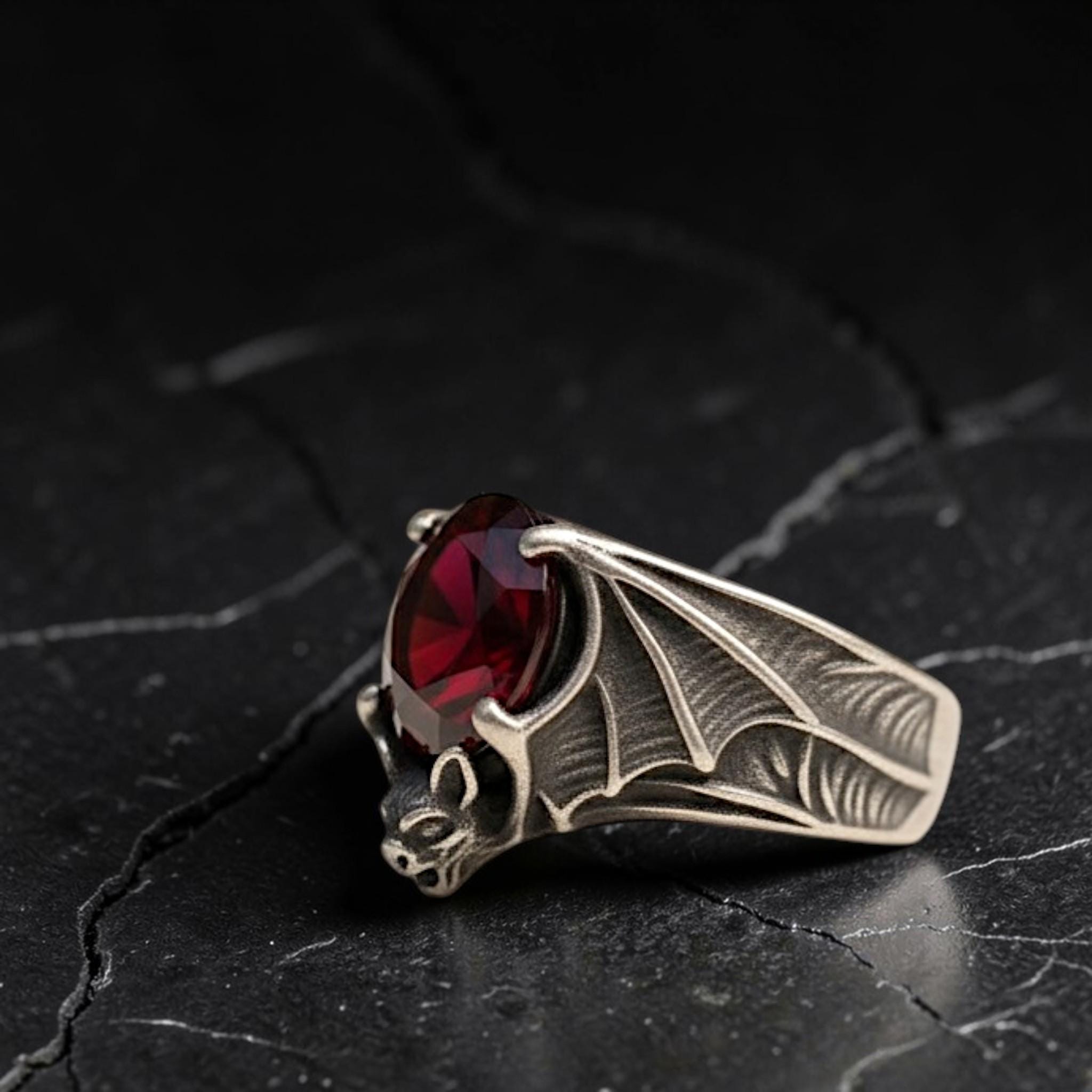 Goth Rings Gothic Bat Ring Sterling Silver Red Crystal Vampire Ring Dark Fantasy ...