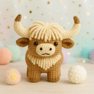 Vintage Highland Kuh häkeln Plüsch - Handgemachtes Amigurumi Stofftier - Süßes Bauernhaus Kuh Geschenk