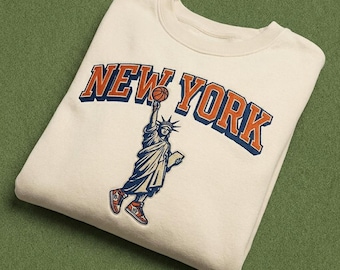 Vintage New York Basketball besticktes Sweatshirt, Freiheitsstatue Retro Rundhalsausschnitt, NYC Spieltag Pullover, lustiges Sport-Fan Geschenk