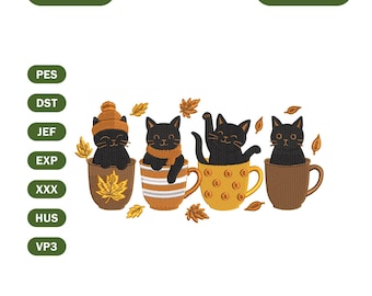 Schwarze Katze Kaffeetasse Stickdatei, Herbst Kaffeetassen (Instant Download)