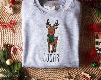 Personalized Reindeer Embroidered Christmas Sweatshirt, Custom Name Kids Holiday Sweater, Winter Reindeer Crewneck, Christmas Gift for Kid