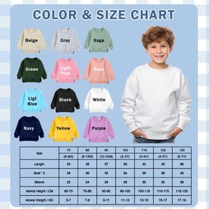 K&ouml;nnte beinhalten: Eine Farb- und Gr&ouml;&szlig;entabelle f&uuml;r Kinder-Sweatshirts, mit Optionen in Beige, Grau, Salbei, Gr&uuml;n, Hellrosa, Rosa, Hellblau, Schwarz, Wei&szlig;, Marine, Gelb und Lila. Die Tabelle enth&auml;lt Gr&ouml;&szlig;e, L&auml;nge, Brustumfang, &Auml;rmel, Gr&ouml;&szlig;e in cm und Gewicht in kg.