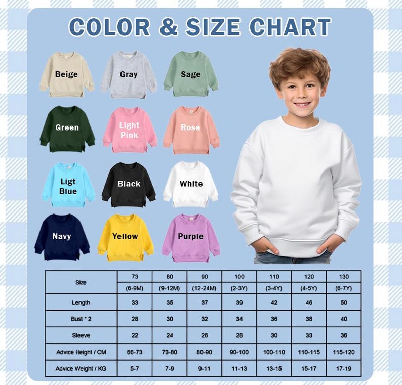 K&ouml;nnte beinhalten: Eine Farb- und Gr&ouml;&szlig;entabelle f&uuml;r Kinder-Sweatshirts, mit Optionen in Beige, Grau, Salbei, Gr&uuml;n, Hellrosa, Rosa, Hellblau, Schwarz, Wei&szlig;, Marine, Gelb und Lila. Die Tabelle enth&auml;lt Gr&ouml;&szlig;e, L&auml;nge, Brustumfang, &Auml;rmel, Gr&ouml;&szlig;e in cm und Gewicht in kg.