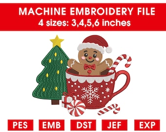 Gingerbread Man in Cup Embroidery Design: Christmas Tree, Candy Cane (Digital File)
