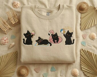 Beach Black Cat Embroidered Sweatshirt, Summer Cat Lover Shirt, Cute Kitty Vacation Crewneck, Cat Mom Gift, Funny Cat Beach Top