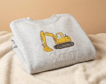 Personalisierte Bagger gestickt Sweatshirt, Name Kleinkind Kleinkind Crewneck, Baumaschinen Kinder Shirt, Junge Geburtstagsgeschenk