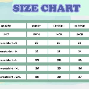 K&ouml;nnte beinhalten: Eine Gr&ouml;&szlig;entabelle f&uuml;r Sweatshirts mit Ma&szlig;en in Zoll. Die Tabelle enth&auml;lt die Gr&ouml;&szlig;en S bis 2XL und gibt Brust-, L&auml;ngen- und &Auml;rmelma&szlig;e an. Der Text "SIZE CHART" befindet sich oben im Bild.