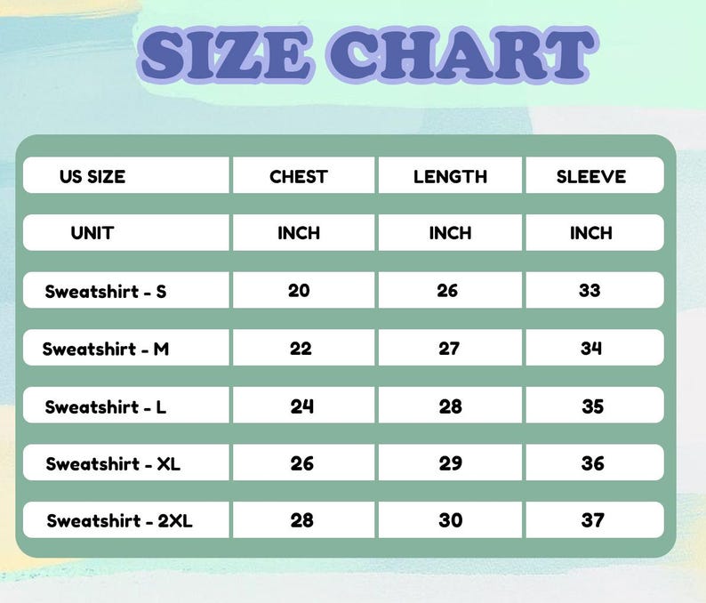 K&ouml;nnte beinhalten: Eine Gr&ouml;&szlig;entabelle f&uuml;r Sweatshirts mit Ma&szlig;en in Zoll. Die Tabelle enth&auml;lt die Gr&ouml;&szlig;en S bis 2XL und gibt Brust-, L&auml;ngen- und &Auml;rmelma&szlig;e an. Der Text "SIZE CHART" befindet sich oben im Bild.