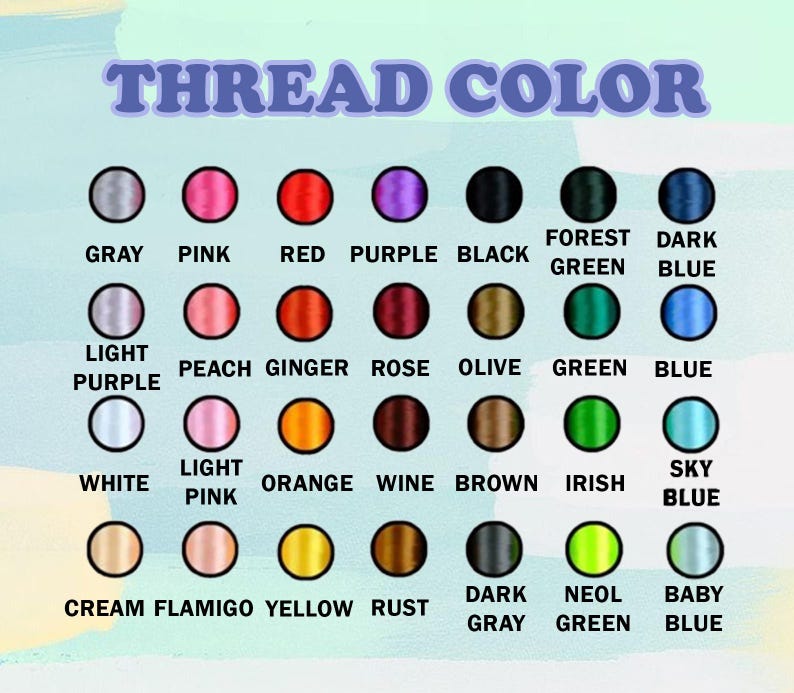 K&ouml;nnte beinhalten: Eine Farbkarte mit einer Vielzahl von Garnfarben, darunter Grau, Rosa, Rot, Lila, Schwarz, Waldgr&uuml;n und Dunkelblau. Der Text "THREAD COLOR" steht oben. Jede Farbe befindet sich in einem Kreis mit ihrem Namen darunter.