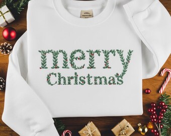 Besticktes Weihnachts-Sweatshirt mit Blumenmuster, Minimalistischer Urlaub-Crewneck, gemütlicher bestickter Winter-Pullover, benutzerdefiniertes Weihnachtsgeschenk für sie