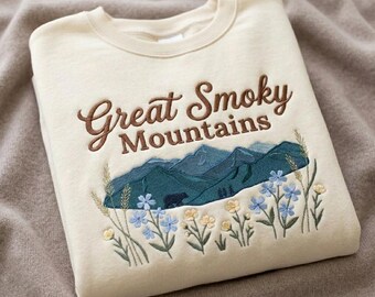 Besticktes Great Smoky Mountains Rundhalsausschnitt, Wildblumen Wander-Sweatshirt, Vintage Nationalpark Kleidung, Cottagecore Natur Geschenk
