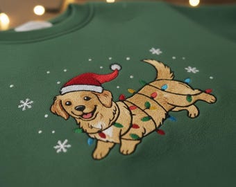 Weihnachten Hund Besticktes Sweatshirt, Golden Retriever Urlaub Pullover, Winter Lichter Rundhalsausschnitt, Festliche Stickerei Weihnachtsgeschenk