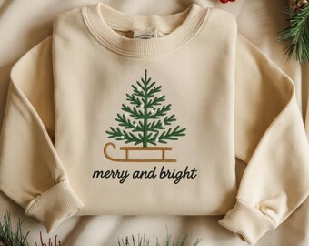 Fröhlich und hell besticktes Sweatshirt, Minimaler Weihnachtsbaum Shirt, neutrales Feiertags Outfit, gemütlicher Winterpullover, Weihnachtsgeschenkidee