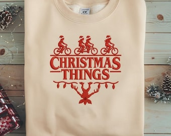 Christmas Things Embroidered Sweatshirt, Funny Holiday Jumper, Vintage Style Winter Top, TV Show Lover Gift, Ugly Christmas Sweater Party