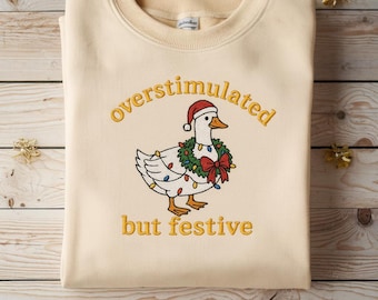 Überreiztes aber festliches besticktes Sweatshirt, lustiges Weihnachtsgans-Pullover, Feiertagsstimmungsrundhalsausschnitt, festliches Stickereigeschenk