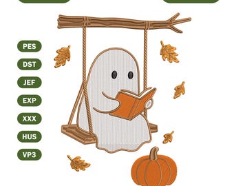 Geist auf Schaukel Stickdatei, niedliches Halloween Kürbis Herbst Blatt Muster, gruselige Saison Maschinenstickerei, Herbst gemütlich Stickdatei