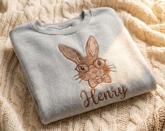 Gesticktes Osterhasen-Sweatshirt, personalisiertes Kinder-Ostern-Shirt, benutzerdefiniertes Namenshäschen-Shirt, Kleinkind-Ostern-Outfit, Ostergeschenk für Kinder