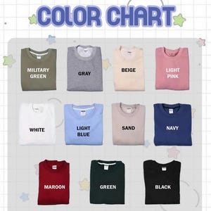 K&ouml;nnte beinhalten: Eine Farbkarte mit verschiedenen Rundhals-Sweatshirts in verschiedenen Farben. Die Farben umfassen Milit&auml;rgr&uuml;n, Grau, Beige, Hellrosa, Wei&szlig;, Hellblau, Sand, Marine, Bordeaux, Gr&uuml;n und Schwarz. Der Text "COLOR CHART" steht oben.