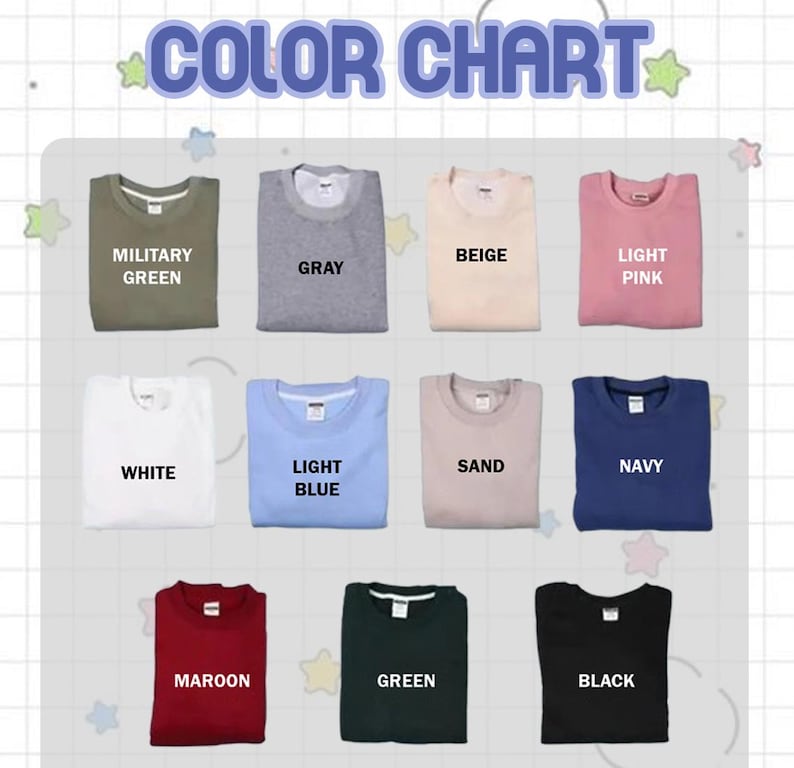 K&ouml;nnte beinhalten: Eine Farbkarte mit verschiedenen Rundhals-Sweatshirts in verschiedenen Farben. Die Farben umfassen Milit&auml;rgr&uuml;n, Grau, Beige, Hellrosa, Wei&szlig;, Hellblau, Sand, Marine, Bordeaux, Gr&uuml;n und Schwarz. Der Text "COLOR CHART" steht oben.