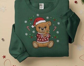 Besticktes Sweatshirt mit Weihnachtsbär, Feiertags-Teddy-Pullover mit Lebkuchen, Winter-Schneeflocke-Crewneck, festliches Weihnachtsgeschenk