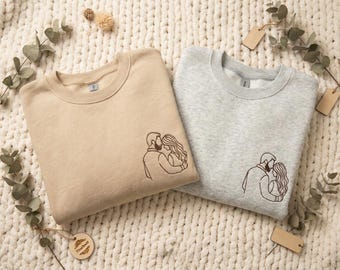 Benutzerdefiniertes Foto besticktes Sweatshirt, Skizze vom Foto, personalisiertes Paar-Porträt-Sweatshirt, Line Art Stickerei Geschenk, Geburtstagsgeschenk