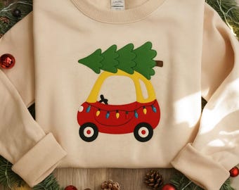 Toddler Holiday Tree Sweatshirt, Red Car Embroidered Shirt, Kids Christmas Outfit, Cozy Winter Sweater, Christmas Gift