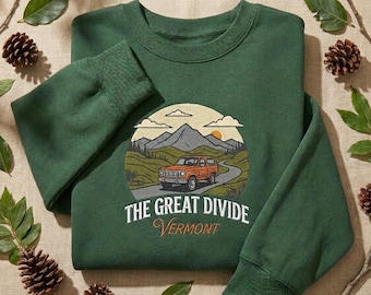 Great Divide Vermont Mountain Embroidered Sweatshirt, Forest Road Trip Crewneck, Scenic Nature Car Shirt, Cozy Outdoor Gift, Unisex Apparel