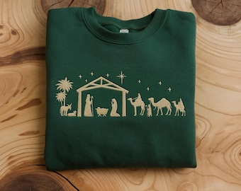 Gesticktes Krippen-Sweatshirt, christliches Weihnachtshemd