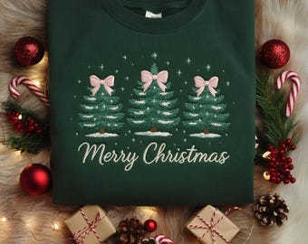 Frohe Weihnachten bestickt Sweatshirt, Gesticktes Weihnachten Kokette Sweatshirt mit Rundhalsausschnitt, Gestickter Weihnachtsbaum Pullover, Geschenk für Sie