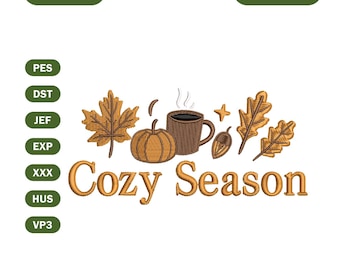 Cozy Season Embroidery Design, Fall Pumpkin, Coffee, Leaf (Digital File)